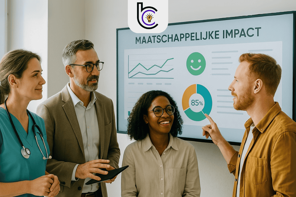 Professionals uit zorg en onderwijs bespreken transparantie en maatschappelijke impact aan de hand van een dashboard